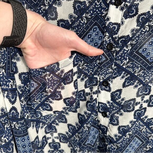 Sans Souci Blue White Paisley Patterned Tunic Button-Up Shirt Size Medium - Picture 6 of 16